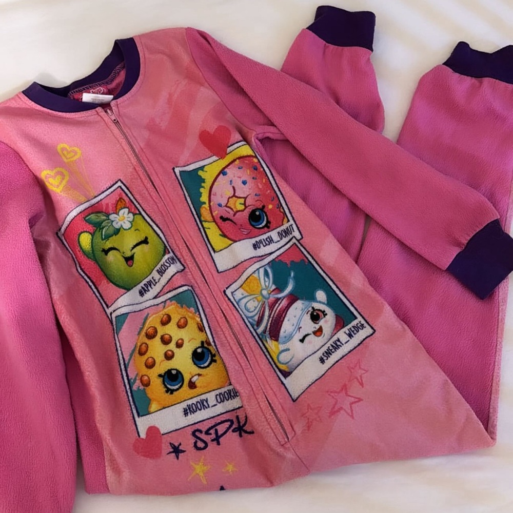 2013 6/6X girls fleece sleeper shopkins pink footed pajamas pjs with feet
